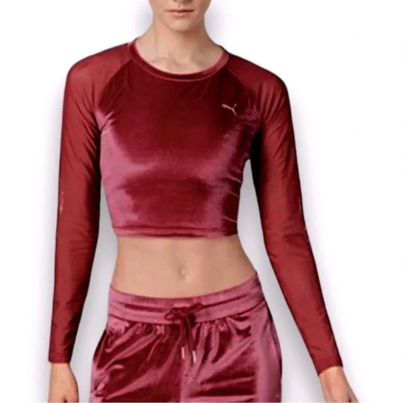 PUMA Stretch Velvet And Mesh Long Sleeve Burgundy Crop Top Style 516560 Size XL - Picture 1 of 8